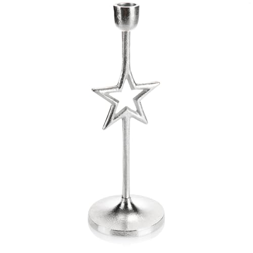 com-four® Kerzenhalter im Stern-Design - einarmiger Kerzenständer mit rundem Fuß - einflammiger Kerzenleuchter für Weihnachten (silberfarben - Stern) von com-four