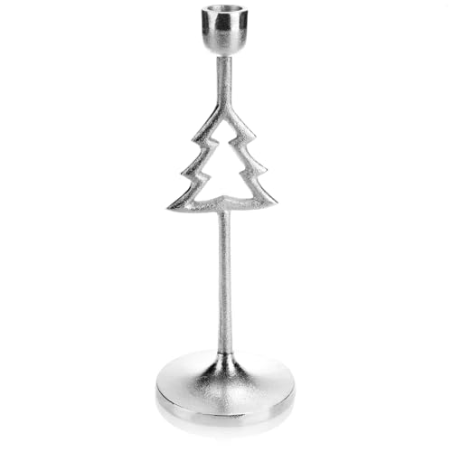 com-four® Kerzenhalter im Weihnachtsbaum-Design - einarmiger Kerzenständer mit rundem Fuß - einflammiger Kerzenleuchter für Weihnachten (silberfarben - Weihnachtsbaum) von com-four