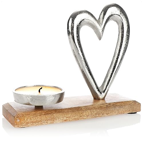 com-four® Kerzenhalter mit Deko-Figur - Dekorativer Kerzenständer aus vernickeltem Aluminium mit Mangoholz-Sockel - Teelichthalter für Kerzen Aller Art (Design 2) von com-four