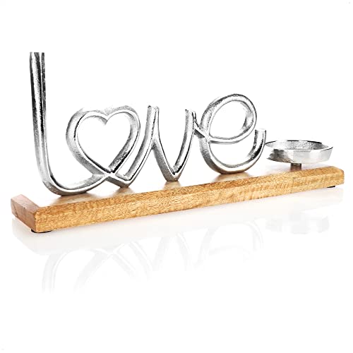 com-four® Kerzenhalter mit Deko-Figur - Dekorativer Kerzenständer aus vernickeltem Aluminium mit Mangoholz-Sockel - Teelichthalter für Kerzen Aller Art (Love - L) von com-four