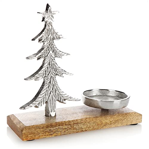 com-four® Kerzenhalter mit Deko-Figur - Dekorativer Kerzenständer aus vernickeltem Aluminium mit Mangoholz-Sockel - Teelichthalter für Kerzen Aller Art von com-four