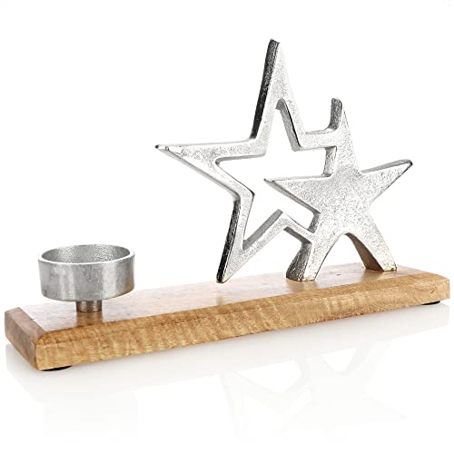 com-four® Kerzenhalter mit Deko-Figur - Dekorativer Kerzenständer aus vernickeltem Aluminium mit Mangoholz-Sockel - Teelichthalter für Kerzen Aller Art von com-four