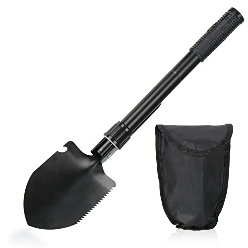 com-four® Klappschaufel mit langem Griff - Mini-Klappspaten mit verlängertem Griff für bessere Hebelwirkung - Schaufel mit Flaschenöffner, Kleiner Säge und Spitzhacke (schwarz - 41 cm) von com-four