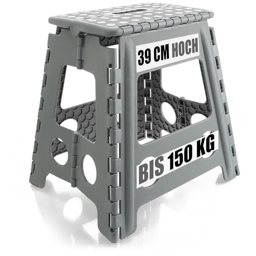 com-four® Klapptritt mit Gumminoppen XXL - Faltbarer Tritthocker - tragbare Aufstiegshilfe für Haushalt, Küche, und Bad - Rutschfester Klapphocker - Tragkraft bis 150 kg (weiß/grau XXL - 1 Stück) von com-four
