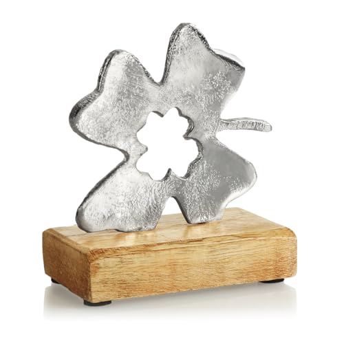 com-four® Kleeblatt - Glücksklee Aufsteller - Metall-Dekoration - Deko-Kleeblatt aus Metall und Standfuß aus Mangoholz - Glücksbringer (1 Stück - Kleeblatt) von com-four
