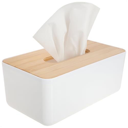 com-four® Kosmetiktücherbox aus Kunststoff mit Bambus-Deckel - Taschentuchbox für Bad, Schlafzimmer und Wohnbereich - moderner Handtuchspender (1 Stück - weiß-Bambus) von com-four
