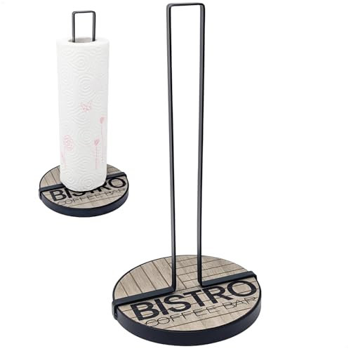 com-four® Küchenrollenhalter stehend - Papierrollenhalter für die Küche - stehender Rollenhalter aus Metall und Holz - Küchenrollenhalterung ohne Bohren - 32 cm (01 Stück - schwarz mit Holz) von com-four