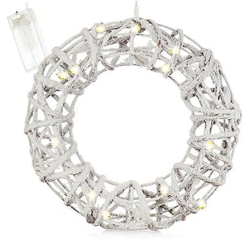 com-four® Künstlicher LED Weihnachtskranz beschneit, winterlicher Türkranz weiß mit Beleuchtung und Timer, Dekokranz mit 15 warmweißen LEDs (01 Stück - Weiß - Kranz 30cm) von com-four