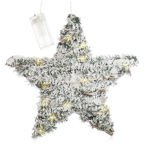 com-four® Künstlicher Weihnachtsstern beschneit mit Beleuchtung und Timer, Stern mit Kunstschnee und 20 warmweißen LEDs, Weihnachtsdeko (01 Stück - Grün - Stern 30cm) von com-four