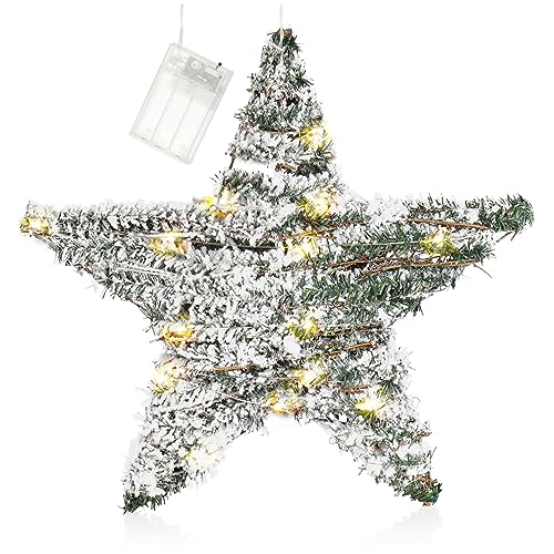 com-four® Künstlicher Weihnachtsstern beschneit mit Beleuchtung und Timer, Stern mit Kunstschnee und 30 warmweißen LEDs, Weihnachtsdeko (01 Stück - Grün - Stern 40cm) von com-four