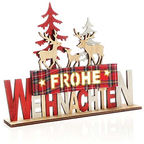 com-four® LED Deko Aufsteller aus Holz - beleuchteter Schriftzug auf Holzsockel - Deko-Schriftzug zum Hinstellen für Weihnachten - Stimmungslicht mit Timer (rot + Wald) von com-four