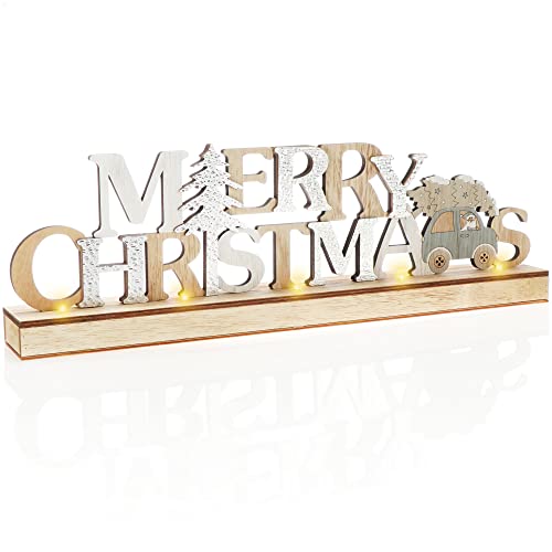 com-four® LED Deko Aufsteller aus Holz - beleuchteter Schriftzug auf Holzsockel - Deko-Schriftzug zum Hinstellen für Weihnachten - Stimmungslicht mit Timer (silberfarben) von com-four