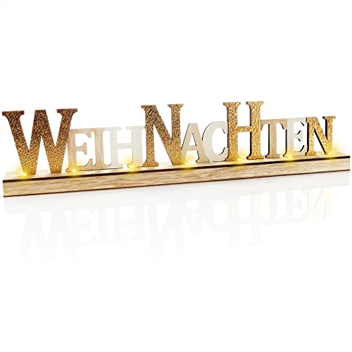 com-four® LED Deko Aufsteller aus Holz - beleuchteter Schriftzug auf Holzsockel - Deko-Schriftzug zum Hinstellen für Weihnachten - Stimmungslicht mit Timer (weiß + goldfarben) von com-four