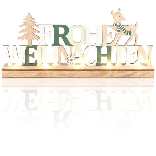 com-four® LED Deko Aufsteller aus Holz - beleuchteter Schriftzug auf Holzsockel - Deko-Schriftzug zum Hinstellen für Weihnachten - Stimmungslicht mit Timer (Rentiere - grün) von com-four
