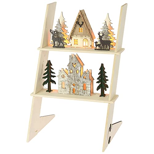 com-four® LED Deko Leiter mit Häusern - weihnachtliche Dekoration aus Holz - Häuser mit LED-Beleuchtung - Batteriebetriebene Raumdeko - Weihnachtsdekoration (1 Stück - Haus auf Leiter) von com-four
