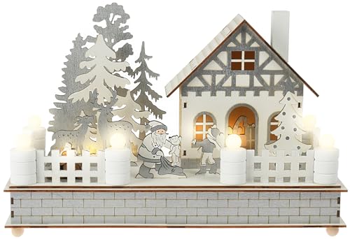 com-four® LED Haus als Deko zu Weihnachten - dekoratives Haus aus Holz - Haus mit LED-Beleuchtung - Weihnachtsdekoration [Auswahl variiert] (01 Stück - weiß/grau Holzhaus) von com-four