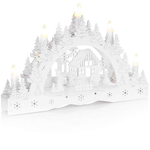 com-four® LED Kerzenbrücke, Schwibbogen als Weihnachtsbeleuchtung - Winterlandschaft aus Holz mit 5 LEDs - dekorativer Lichterbogen Holz-Pyramide [Auswahl variiert] (01 Stück - 5 LEDs) von com-four