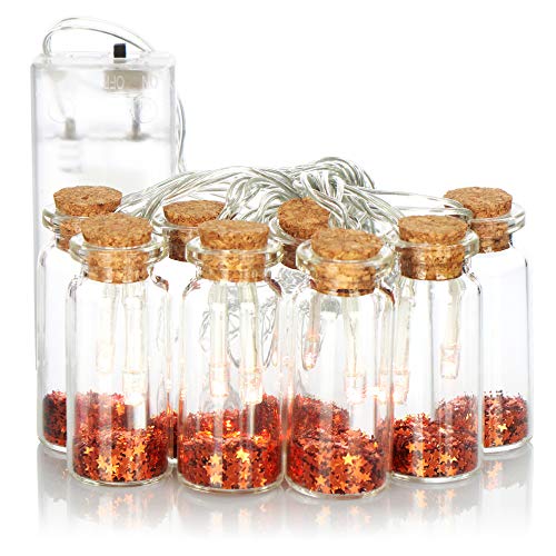 com-four® LED Lichterkette mit 8 Deko-Fläschchen aus Glas mit Korkverschluss - dekorative batteriebetriebene Lichterketten für innen - bunte Sterne (bronzefarben) von com-four