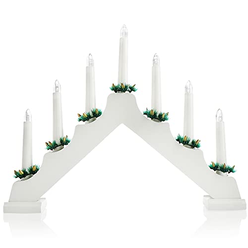 com-four® LED Schwibbogen als Weihnachtsbeleuchtung - Kerzenbrücke mit 7 LEDs - Lichterbogen Pyramide aus Holz - Fensterleuchter mit Timer-Funktion (01 Stück - 7 LEDs Holz weiß) von com-four