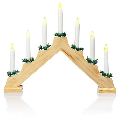 COM-FOUR® LED Schwibbogen als Weihnachtsbeleuchtung - Kerzenbrücke mit 7 LEDs - Lichterbogen Pyramide aus Holz - Fensterleuchter mit Timer-Funktion für Weihnachten (01 Stück - 7 LEDs Holz) von com-four