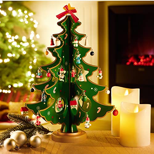 com-four® Mini-Weihnachtsbaum aus Holz - Zierschmuck - Aufsteller mit vielen Ornamenten zum Aufhängen - künstlicher Tannenbaum für den Schreibtisch (01 Stück - Tannenbaum) von com-four