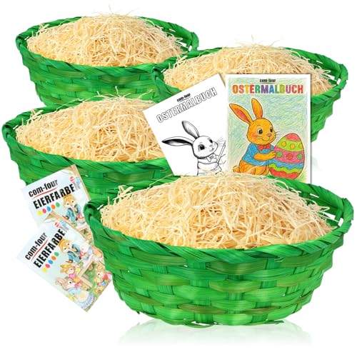 com-four® Oster Deko- & Geschenk-Set - grüne Bastkörbe, helles Ostergras, Eierfarben und Malbuch - DIY Osterkörbchen - Osternest zum Selbstgestalten - Bastelset (Set 5 - grün) von com-four