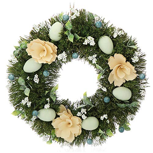 COM-FOUR® Osterkranz mit Blumen aus Holz und Eiern, dekorativer Tischkranz, Türkranz mit Aufhänger von com-four