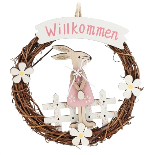 com-four® Osterkranz mit Hase aus Holz - dekorativer Türkranz mit Aufhänger - natürliche Osterdekoration zum Aufhängen - Tür- und Fensterschild mit Schriftzug von com-four