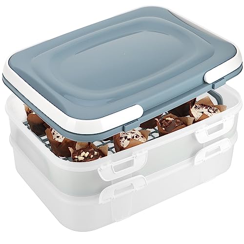 com-four® Partycontainer mit je 2 Etagen und Hebeeinsatz - Kuchen-Transportbox - Frischebox für Lebensmittel - Kuchencontainer mit Tragegriffen - Muffinbehälter (1 Stück pastell blau-grau) von com-four