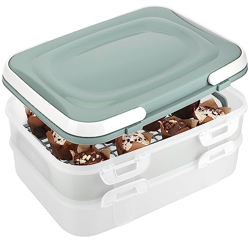 com-four® Partycontainer mit je 2 Etagen und Hebeeinsatz - Kuchen-Transportbox - Frischebox für Lebensmittel - Kuchencontainer mit Tragegriffen - Muffinbehälter (1 Stück pastell blau-grün) von com-four
