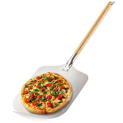 com-four® Pizzaschaufel aus rostfreiem Edelstahl 430 - Pizza- und Kuchenheber mit Holzgriff - Pizzaschieber für Pizza, Flammkuchen, Brötchen und Brot - abnehmbarer Griff (braun/silberfarben - eckig) von com-four