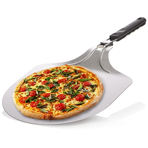 com-four® Pizzaschaufel aus rostfreiem Edelstahl 430 - Pizza- und Kuchenheber mit klappbarem Griff - Pizzaschieber für Pizza, Flammkuchen, Brötchen und Brot (silberfarben/schwarz - eckig) von com-four
