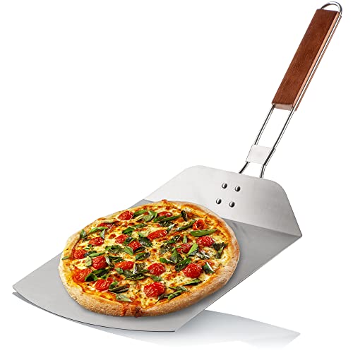 com-four® Pizzaschaufel aus rostfreiem Edelstahl 430 - Pizza- und Kuchenheber mit Holzgriff - Pizzaschieber für Pizza, Flammkuchen, Brötchen und Brot - klappbarer Griff (silberfarben/braun - eckig) von com-four