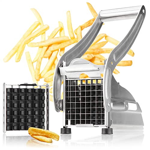 com-four® Pommesschneider - Pommes Frites Schnitzer aus Edelstahl - Kartoffelpresse mit 2 Schneideeinsätzen - Obst-, Gemüse- und Käsestiftler spülmaschinenfest (Edelstahl - 1 Stück) von com-four