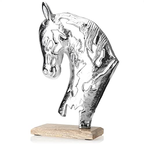 com-four® Premium Deko-Aufsteller - Skulptur-Statue aus vernickeltem Aluminium auf Sockel aus Mangoholz - Deko-Figur zum Hinstellen - tolle Raumdeko (silberfarben - Pferd) von com-four