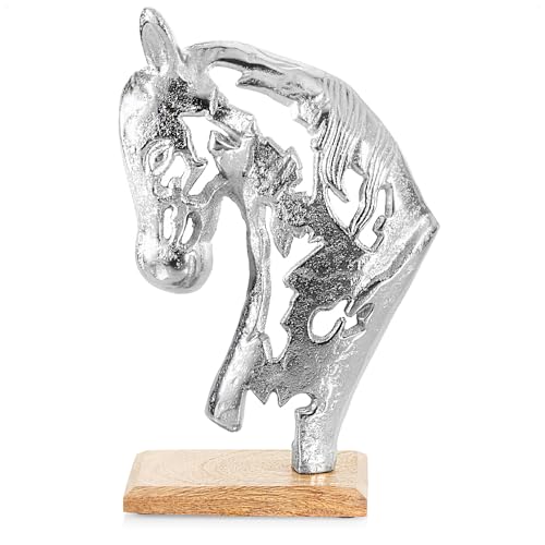 com-four® Premium Deko-Aufsteller - Skulptur-Statue aus vernickeltem Aluminium auf Sockel aus Mangoholz - Deko-Figur zum Hinstellen - tolle Raumdeko (silberfarben - Pferd) von com-four