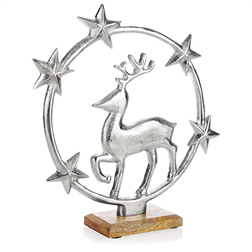 com-four® Premium Deko-Aufsteller - Skulptur-Statue aus vernickeltem Aluminium auf Sockel aus Mangoholz - Deko-Figur zum Hinstellen - tolle Raumdeko (silberfarben - Rentier + Sterne) von com-four