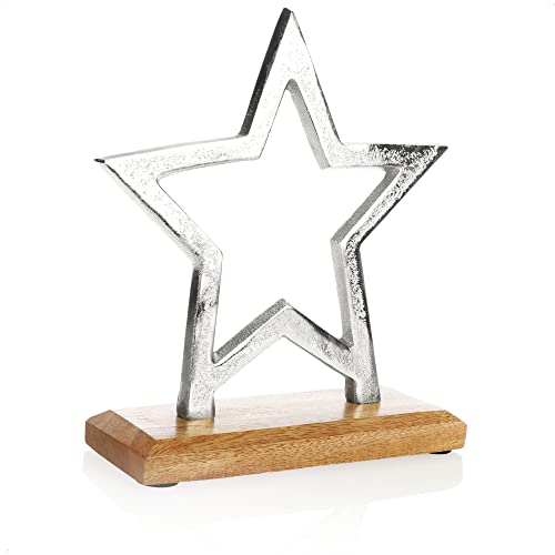 com-four® Premium Deko-Aufsteller Stern - Statue aus Vernickeltem Aluminium auf Mangoholz-Sockel - Deko zum Hinstellen - Tolle Sterndeko (Silberfarben - Großer Stern) von com-four