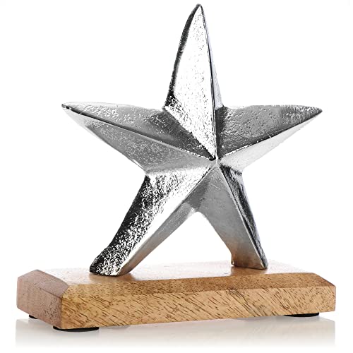 com-four® Premium Deko-Aufsteller Stern - Stern-Statue aus vernickeltem Aluminium auf Sockel aus Mangoholz - Deko-Stern zum Hinstellen - tolle Sterndeko (silberfarben - massiver Stern) von com-four
