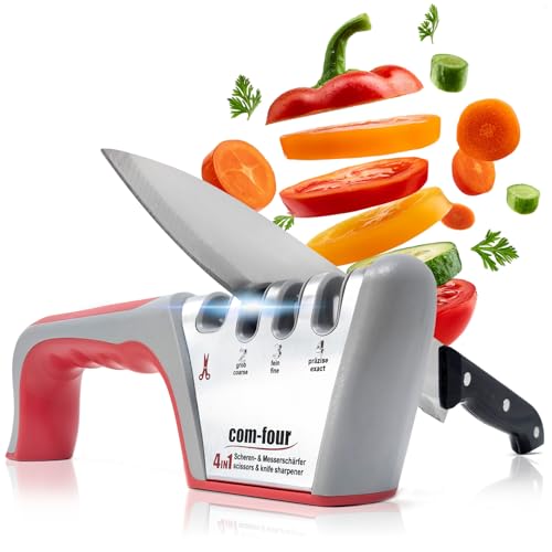 COM-FOUR® Premium Messerschärfer mit 4 Stufen, auch für Scheren geeignet - Profi Messerschleifer manuell mit praktischen Griff und Anti-Rutsch Beschichtung (1 Stück - silberfarben. grau. rot) von com-four