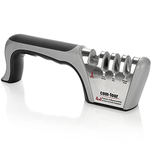 COM-FOUR® Premium Messerschärfer mit 4 Stufen, auch für Scheren geeignet - Profi Messerschleifer manuell mit praktischen Griff und Anti-Rutsch Beschichtung (1 Stück - silberfarben. grau. schwarz) von com-four