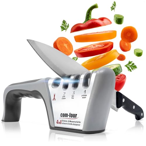com-four® Premium Messerschärfer mit 4 Stufen, auch für Scheren geeignet - Profi Messerschleifer manuell mit praktischen Griff und Anti-Rutsch Beschichtung (1 Stück - silberfarben. grau. schwarz) von com-four