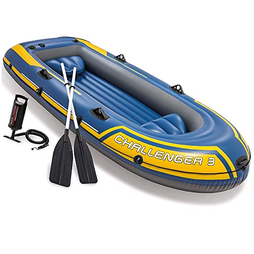 com-four® Ruderboot-Set für 3 Personen - Schlauchboot mit Paddeln, Pumpe, Sitzkissen - Luftboot mit Rudern, Doppelhubpumpe, Luftkissen - Paddelboot für Angler, Schwimmer, Taucher (3-Sitzer blau) von com-four