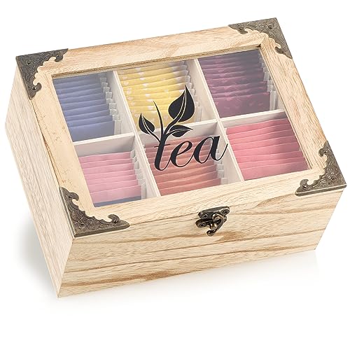 com-four® Rustikale Teebeutel Aufbewahrungsbox - Teebox mit 6 Fächern, Sichtfenster und Verschluss - Teekiste im Landhausstil - Shabby chic Teeaufbewahrung - Teebeutelbox (rustikal - Tea - 6 Fächer) von com-four