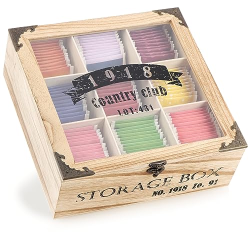 com-four® Rustikale Teebeutel Aufbewahrungsbox - Teebox mit 9 Fächern, Sichtfenster und Verschluss - Teekiste im Landhausstil - Shabby chic Teeaufbewahrung - Teebeutelbox (rustikal - 1918-9 Fächer) von com-four