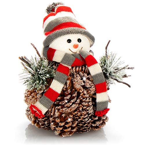 com-four® Schneemannfigur Größe L Premium, winterliche Premium Dekofigur mit Tannenzapfenkörper, liebevolle weihnachtliche Details, hinreißende Tischdeko für die Adventszeit (rot-grau - L) von com-four