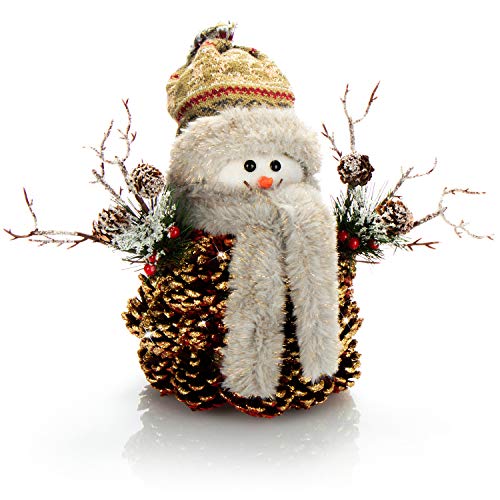 com-four® Schneemannfigur Größe M Premium, winterliche Dekofigur mit Tannenzapfenkörper, Handmade liebevolle weihnachtliche Details, hinreißende Tischdeko für die Adventszeit (goldfarben - M) von com-four