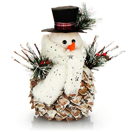 com-four® Schneemannfigur Größe M Premium, winterliche Dekofigur mit Tannenzapfenkörper, Handmade mit liebevollne weihnachtlichen Details, hinreißende Tischdeko für die Adventszeit (weiß-Glitzer - M) von com-four