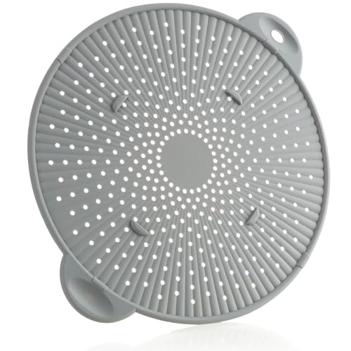 com-four® Silikon Spritzschutzdeckel für Töpfe und Pfannen - Dampfdeckel gegen Öl-, Fett- und Spritzflecken - Abtropfsieb mit Griffen - hitzebeständig und bpa-frei (01 Stück - Ø 28.5cm grau) von com-four
