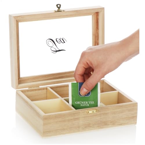 com-four® Teebox mit 6 Fächern - Teebeutel Aufbewahrungsbox aus Holz - Teebeutelbox mit Sichtfenster - Teekiste - Teeaufbewahrung (01 Stück - 20.5x15.5x7.5cm hellbraun) von com-four